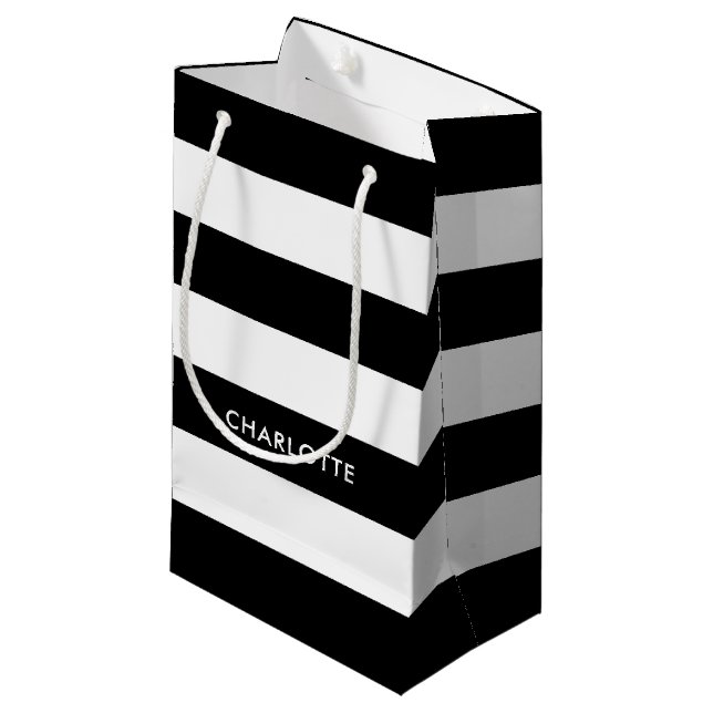 Personalised Elegant Black and white stripes line Small Gift Bag (Front Angled)