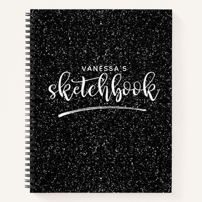 Personalised Elegant Black Glitter Sketchbook Notebook (Front)