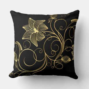 Personalised Elegant Black Gold Foil Floral Name Cushion