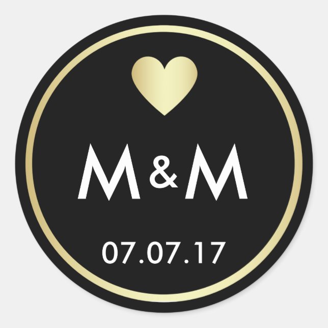 Personalised Elegant Black Gold & Heart Wedding Classic Round Sticker (Front)