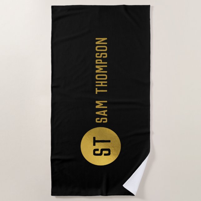 Personalised Elegant Black & Gold Modern Monogram Beach Towel (Front)
