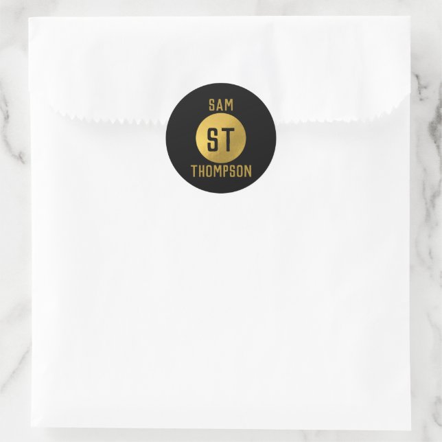 Personalised Elegant Black & Gold Modern Monogram Classic Round Sticker (Bag)