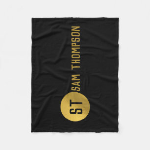 Personalised Elegant Black & Gold Modern Monogram Fleece Blanket