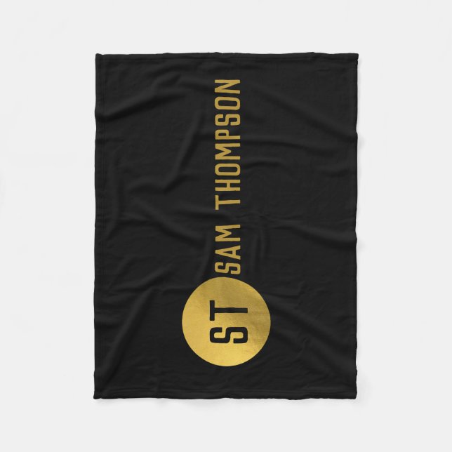 Personalised Elegant Black & Gold Modern Monogram Fleece Blanket (Front)