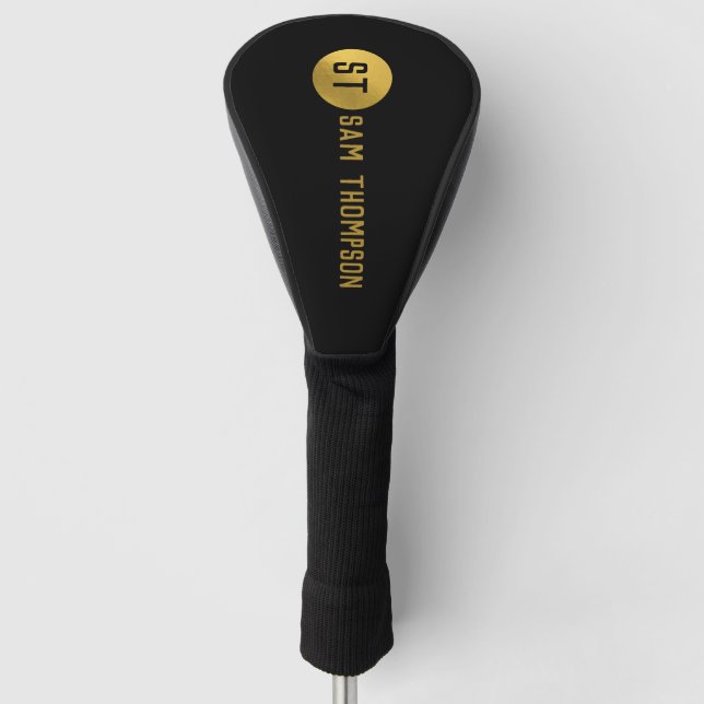 Personalised Elegant Black & Gold Modern Monogram Golf Head Cover (Front)