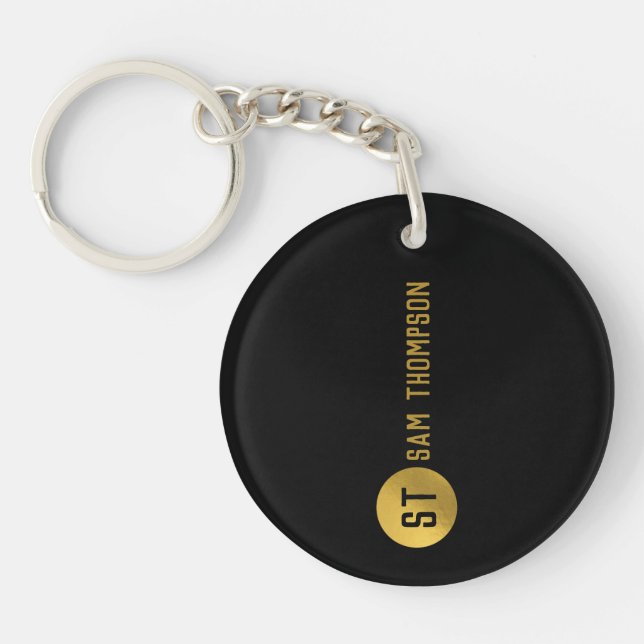 Personalised Elegant Black & Gold Modern Monogram Key Ring (Front)