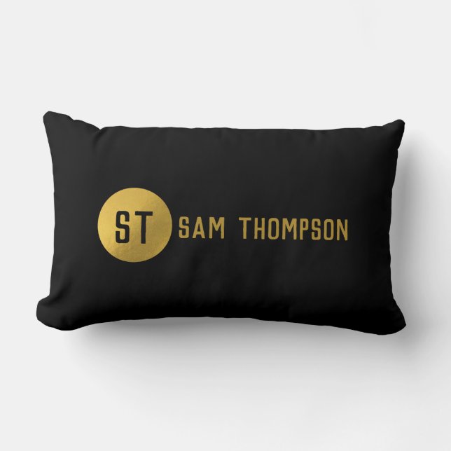Personalised Elegant Black & Gold Modern Monogram Lumbar Cushion (Front)