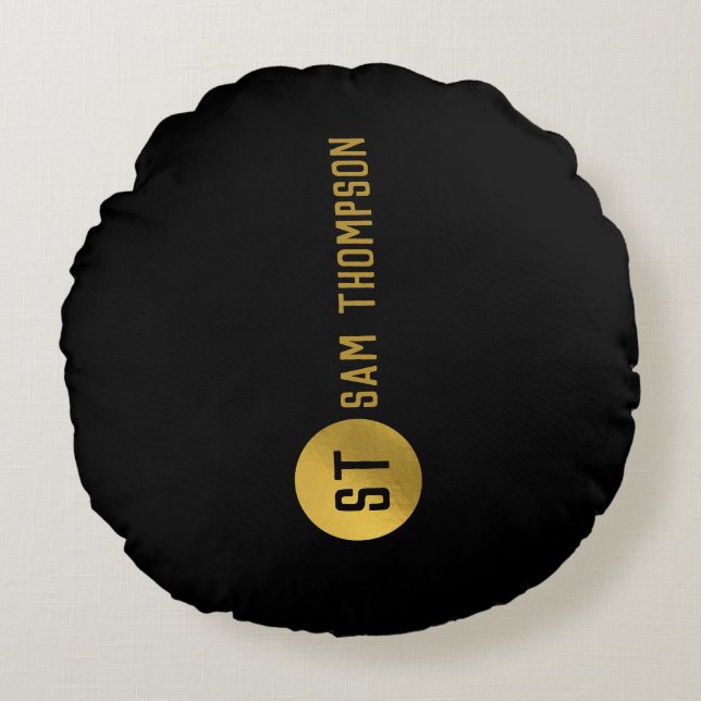 Personalised Elegant Black & Gold Modern Monogram Round Cushion (Front)