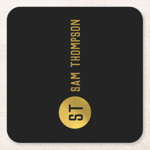 Personalised Elegant Black & Gold Modern Monogram Square Paper Coaster