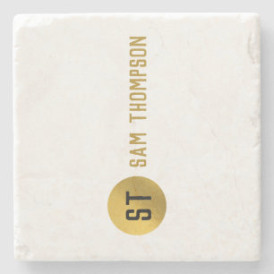 Personalised Elegant Black & Gold Modern Monogram Stone Coaster