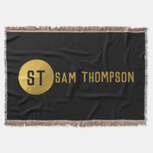 Personalised Elegant Black & Gold Modern Monogram  Throw Blanket