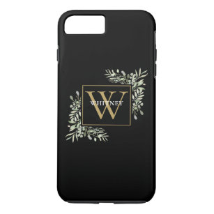 Personalised Elegant Black Gold Monogram Greenery Case-Mate iPhone Case