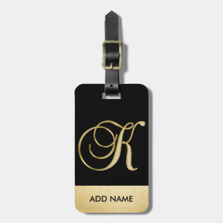 Personalised Elegant Black Gold Monogram Letter K Luggage Tag