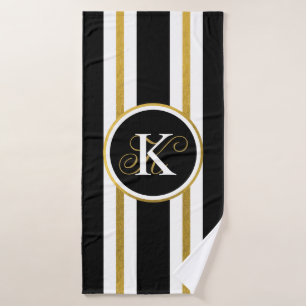 Personalised Elegant Black & Gold Stripes Monogram Bath Towel