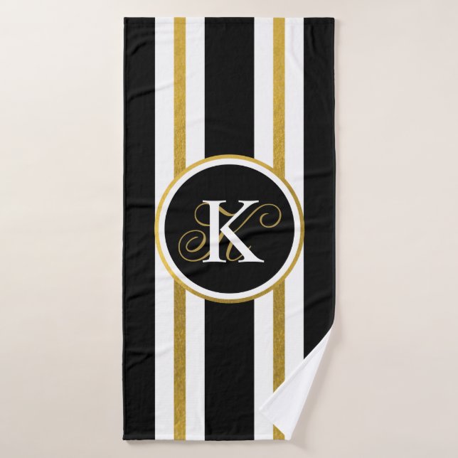 Personalised Elegant Black & Gold Stripes Monogram Bath Towel (Bath Towel)