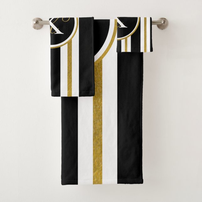 Personalised Elegant Black & Gold Stripes Monogram Bath Towel Set (Insitu)