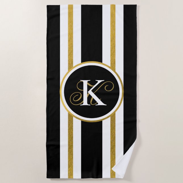 Personalised Elegant Black & Gold Stripes Monogram Beach Towel (Front)