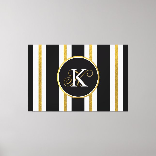 Personalised Elegant Black & Gold Stripes Monogram Canvas Print (Front)