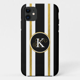 Personalised Elegant Black & Gold Stripes Monogram Case-Mate iPhone Case