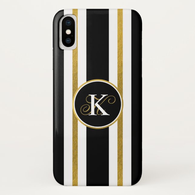 Personalised Elegant Black & Gold Stripes Monogram Case-Mate iPhone Case (Back)