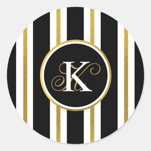 Personalised Elegant Black & Gold Stripes Monogram Classic Round Sticker (Front)