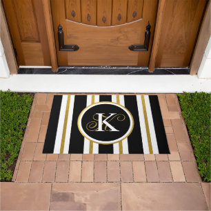 Personalised Elegant Black & Gold Stripes Monogram Doormat