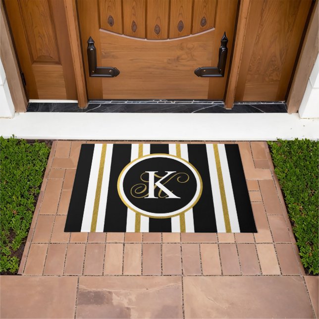 Personalised Elegant Black & Gold Stripes Monogram Doormat (Outdoor)