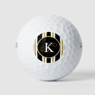 Personalised Elegant Black & Gold Stripes Monogram Golf Balls