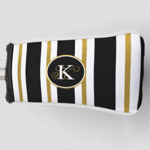 Personalised Elegant Black & Gold Stripes Monogram Golf Head Cover