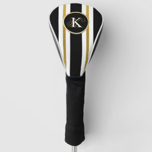 Personalised Elegant Black & Gold Stripes Monogram Golf Head Cover