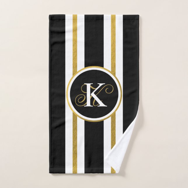 Personalised Elegant Black & Gold Stripes Monogram Hand Towel (Hand Towel)