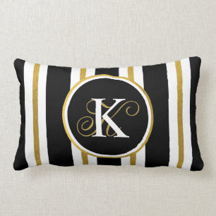 Personalised Elegant Black & Gold Stripes Monogram Lumbar Cushion