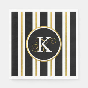 Personalised Elegant Black & Gold Stripes Monogram Napkin