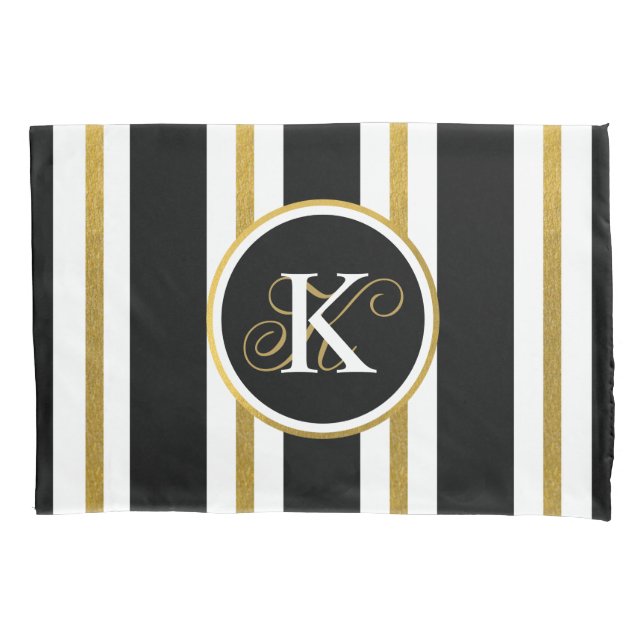 Personalised Elegant Black & Gold Stripes Monogram Pillowcase (Front)