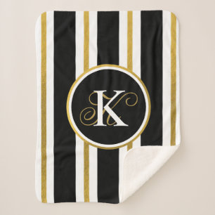 Personalised Elegant Black & Gold Stripes Monogram Sherpa Blanket