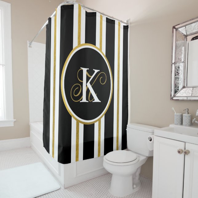Personalised Elegant Black & Gold Stripes Monogram Shower Curtain (In Situ)