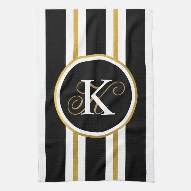 Personalised Elegant Black & Gold Stripes Monogram Tea Towel (Vertical)