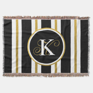 Personalised Elegant Black & Gold Stripes Monogram Throw Blanket