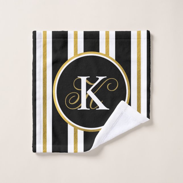 Personalised Elegant Black & Gold Stripes Monogram Wash Cloth (Wash Cloth)