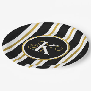 Personalised Elegant Black & Gold Stripes Paper Plate