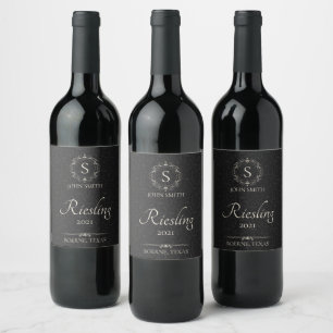 Personalised Elegant Black  Monogrammed Wine Label