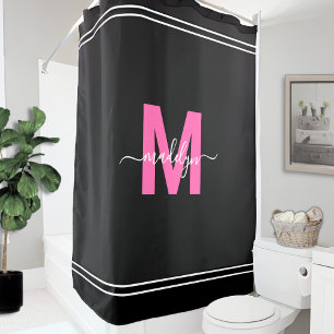 Personalised Elegant Black Pink Name Monogram Shower Curtain
