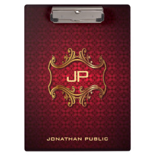 Personalised Elegant Black Red Damask Monogram Clipboard
