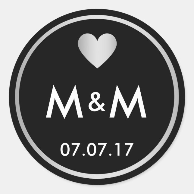 Personalised Elegant Black Silver & Heart Wedding Classic Round Sticker (Front)