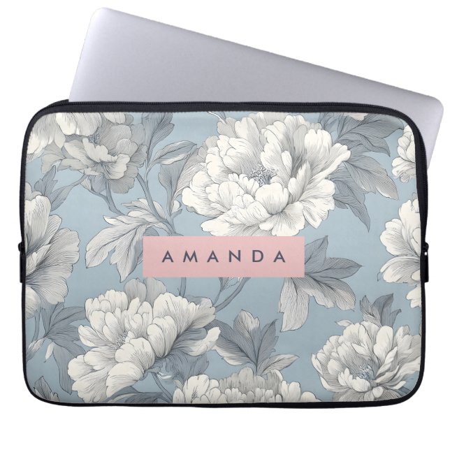 Personalised Elegant Blue and Cream Peony Floral  Laptop Sleeve (Front)