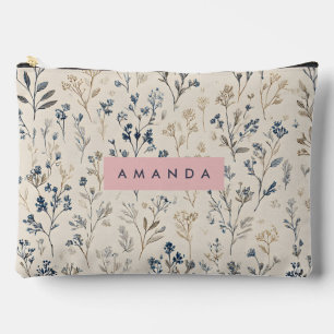 Personalised Elegant Blue & Beige Wildflower Accessory Pouch