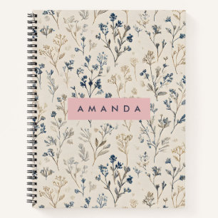 Personalised Elegant Blue & Beige Wildflower Notebook