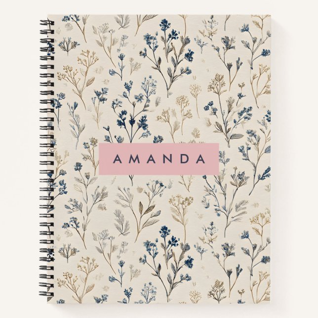 Personalised Elegant Blue & Beige Wildflower Notebook (Front)