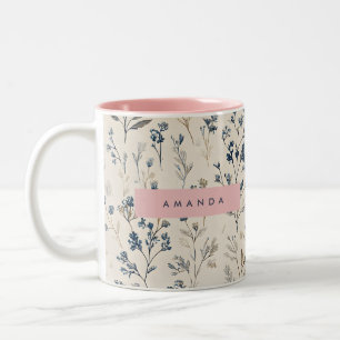Personalised Elegant Blue & Beige Wildflower Two-Tone Coffee Mug
