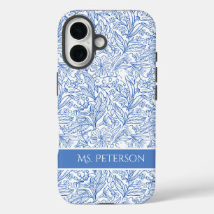 Personalised Elegant Blue Botanical Design iPhone 16 Case